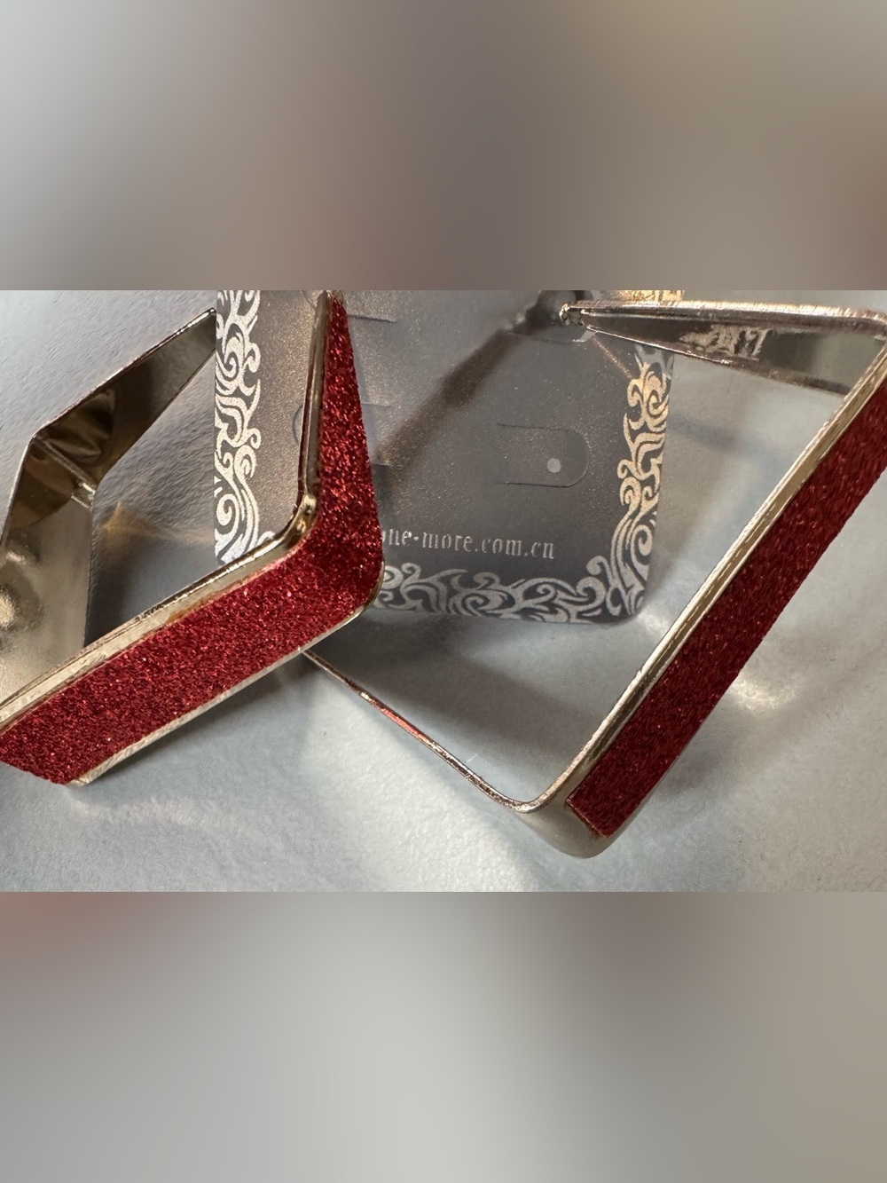 Red Glitter Geometric Hoop Earrings retro asymmetrical silver tone